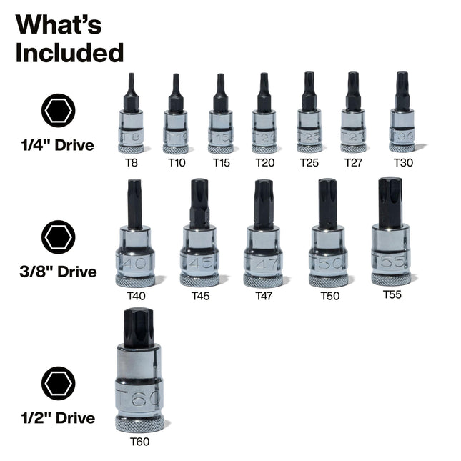 Klein Tools 65213TX Knurled TORX Bit Socket Set, T8 toT60, 1/4, 3/8 and 1/2-Inch Drives, Premium Cr-V Steel, MODBox Case, 13-Piece