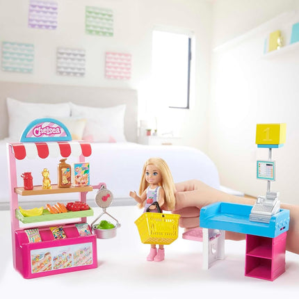 Barbie Chelsea Snack Stand Playset with Doll 15+ Pieces: Register, Food Items, Shopping Basket & More, Gift for Ages 3 Years Old & Up - GTN67
