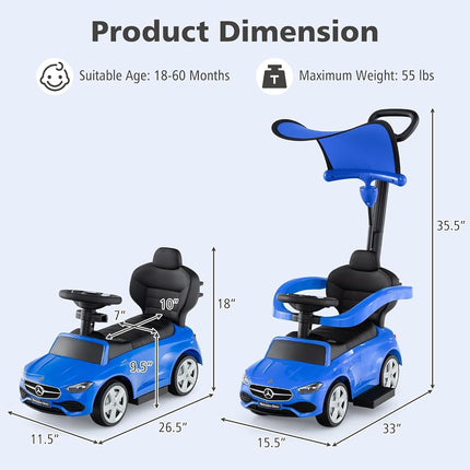 Licensed Mercedes Benz Push Car for Toddlers by INFANS, 3 in 1 Sliding Walking Car with Push Handle, Horn, Music, Underneath Storage, Foot-to-Floor Ride on Toys for Boys Girls (Blue)