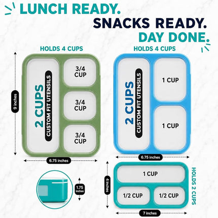 Leakproof Bento Lunch and Snack Boxes | Food Prep & Meal Planning Portion Containers for Kids and Adults | BPA Free | Microwave & Dishwasher Safe | Accessories. Blue & Green Large, 2 Blue Mini