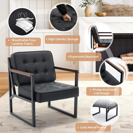 Sillón decorativo moderno de mediados de siglo COLAMY, juego de 2, cómodo sillón para sala de estar, sillón decorativo de cuero negro, sillón con reposabrazos de cuero sintético con patas de metal para sala de estar, dormitorio, recepción, oficina, negro