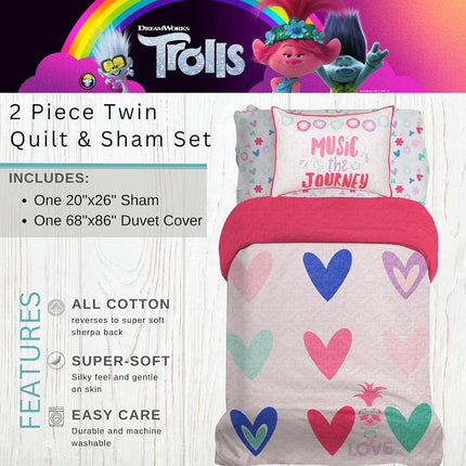 Franco DreamWorks Trolls Parure de lit enfant en coton biologique super doux avec housse de couette et taie d'oreiller 2 pièces Taille double (sous licence officielle)