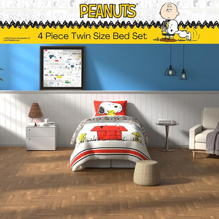Franco Comforter and Sheet Set, Microfiber, Red-Peanuts-Snoopy, 4 Piece Twin Size