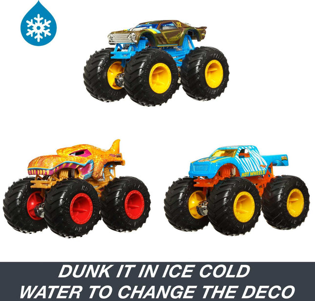 Hot Wheels Monster Trucks 1:64 Color Shifters, 3-Pack of Toy Trucks that Change Decos in Ice Cold Water & Change Back in Warm Water, Toy for Kids, HGX20
