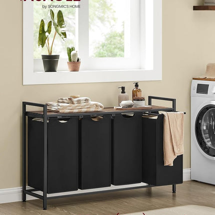 VASAGLE Laundry Hamper, Laundry Basket, Laundry Sorter with 4 Pull-Out and Removable Bags, Shelf, Metal Frame, 4 x 10.6 Gallons (40 L), 45.7 x 13 x 28.4 Inches, Ink Black and Rustic Brown UBLH401B01