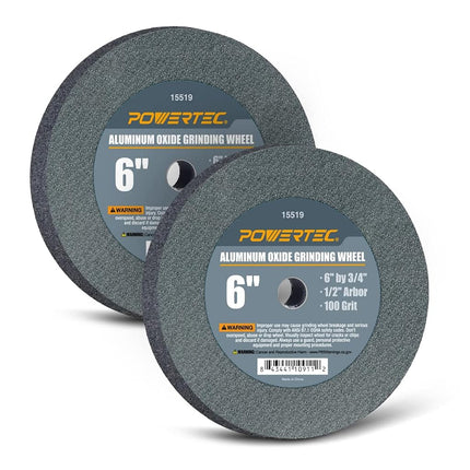 POWERTEC Bench Grinder Wheel 6 Inch 100 Grit, Aluminum Oxide Grinding Wheel for Bench Pedestal Grinder, 3/4" Thick 1/2" Arbor, Sharpening & Shaping Drill Bits, Blade, and Chisel 2PK (15519-P2)