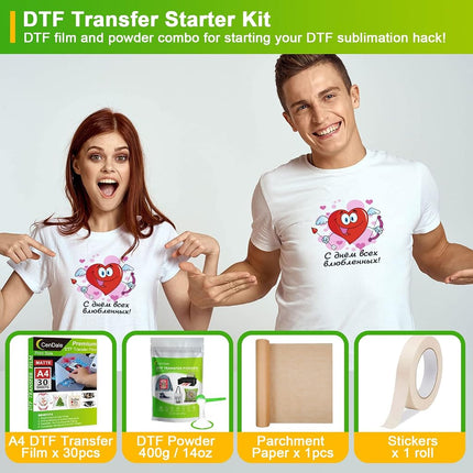 CenDale DTF Transfer Kit - A4 DTF Film & Powder, 30 Sheets, 14oz White Medium Powder, Direct-to-Film Transfer for Any Fabric