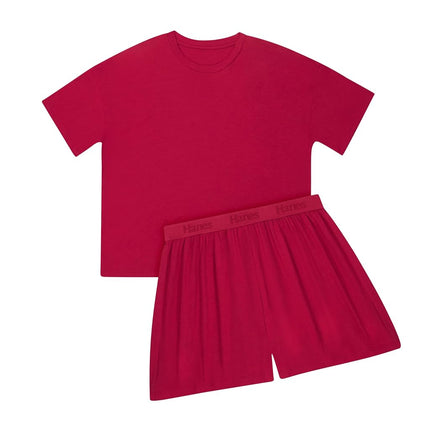 Hanes womens Originals 2 Piece Lounge Set, Comfywear Supersoft Boxy T-shirt & Sleep Shorts Loungewear Set, Rosey Red/Rosey Red, L