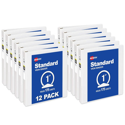 Avery Economy View 3 Ring Binders, 1" Round Rings, 12 White Binders (05711)