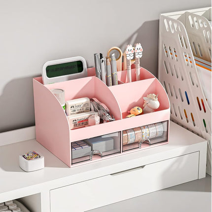 Organizador de escritorio COMFYROOM con 6 compartimentos y 2 cajones, organizador de maquillaje de plástico, portalápices para almacenamiento de escritorio, organización de escritorio para la escuela, el hogar, material de oficina (rosa)