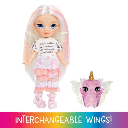 Rainbow High Littles Rainbow Fantasy Fairies & Pet - Opal, Rainbow - 14cm Posable Small Doll & Fantasy Owl Pet with Interchangeable Fairy Wings, Cute Present for Children 4+