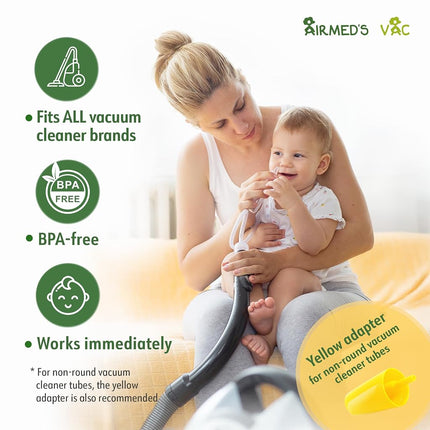 Airmed's Vac Nasal Aspirator Baby. CLINICALLY Tested, Safe and Gentle. Baby Nose Sucker with 2 Suction Heads and Cleaning Brush. Safe and Gentle Baby Nasal Aspirator with Strength of a Vacuum Cleaner