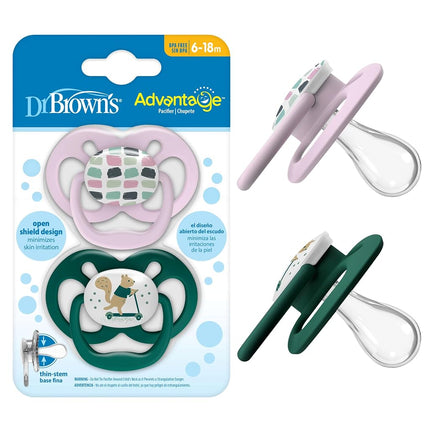 Dr. Brown's Advantage Baby Pacifier, Fully Symmetrical Soother with Soft Silicone Bulb, Scooter Squirrel, 6-18m, BPA Free, 2 Pack