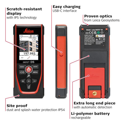 Leica DISTO D5 - Professional Laser Rangefinder with Bluetooth (App Use), Target Finder (Indoor and Outdoor) and Tilt Sensor for Height Tracking, Profile and Angle Measurement