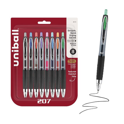 uniball Signo 207 Gel Pen, Retractable, Medium 0.7 Mm, Assorted Ink Colors, Black Barrel, 8/pack