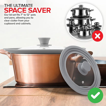 Modern Innovations Universal Lids (Set of 2) Fits 7 to 12-Inch Cookware, Silicone Replacement Pan Lid, Glass Top Covers for Skillets, Pots, Frying Pans, Cast Iron - Grey
