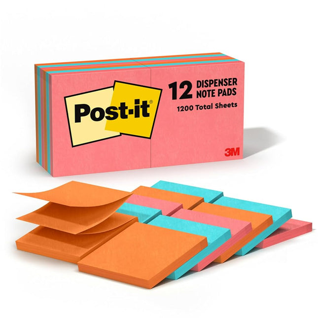 Post-It Notes, Original Pop-up Refill, 3 Inches x 3 Inches, Assorted Neon Colors, 12 Pads per Pack