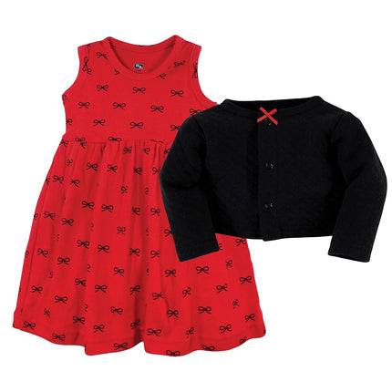 Cárdigan y vestido acolchados de talla única para niña Hudson Baby, lazos negros rojos, 5T