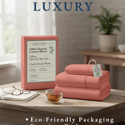 LANE LINEN 100% Organic Cotton Twin Sheet Set, Soft & Comfy Premium Bedding Sheets & Pillowcases, Luxury Hotel Like Percale Sheets, Reinforsed French Seam in Fitted Sheets Pocket - Rose Dawn