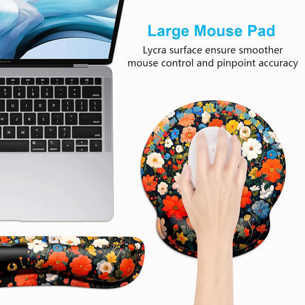 Dapesuom Keyboard Wrist Rest and Mouse Pad with Wrist Support, Cute Memory Foam Cushion for Keyboard and Mouse Set, Desktop Pad Rests with Non Slip Base for Easy Typing & Pain Relief, Cat Flower Bush