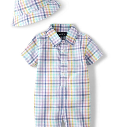 The Children's Place Baby boy and Newborn One Piece Romper and Hat, Matching Outfit, Multi Ging, 6-9 Months