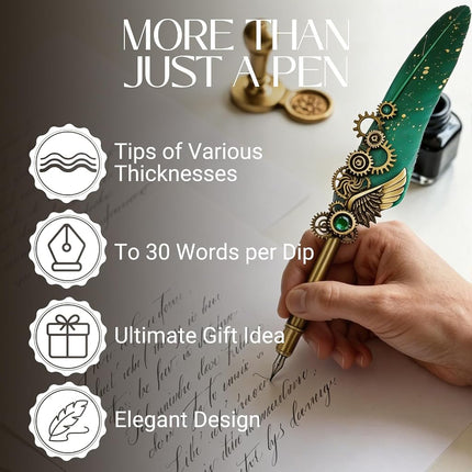Joyeee Blue Quill Pen and Ink Set, including Punk Mechanical Style Feather Pen, Black Ink, Pen Holder, Gift Box, Fancy Writing Pen Calligraphy Kit for Writing Lovers to Creative Hand Lettering