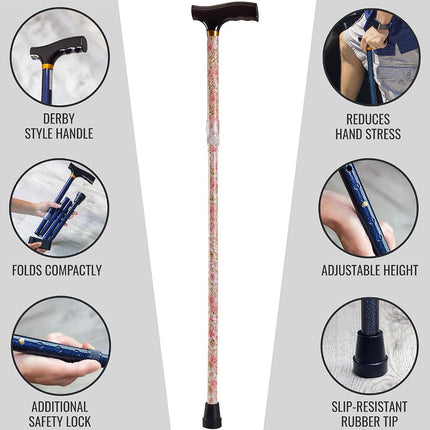 Duro-Med Designer Folding Walking Cane, Adjustable With Wood Handle