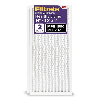 Filtrete 14x30x1 AC Furnace Air Filter, MERV 12, MPR 1500, Certified Asthma & Allergy Friendly, 3 Month Pleated 1-Inch Electrostatic Air Cleaning Filter, 2-Pack (Actual Size 13.81x29.81x0.78 in)