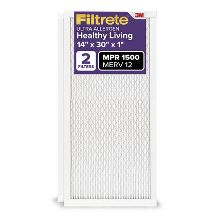 Filtrete 14x30x1 AC Furnace Air Filter, MERV 12, MPR 1500, Certified Asthma & Allergy Friendly, 3 Month Pleated 1-Inch Electrostatic Air Cleaning Filter, 2-Pack (Actual Size 13.81x29.81x0.78 in)