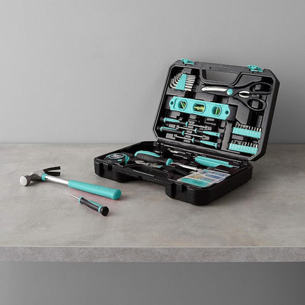 Amazon Basics Tool Kit with Storage Case, 142-Piece Household Tool Set for DIY Projects and Home Repairs, Turquoise