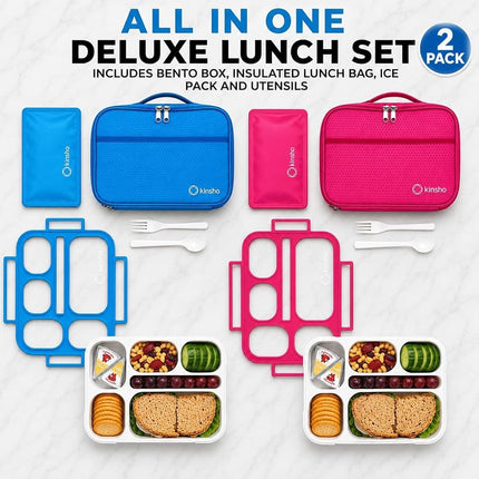 kinsho Bento Lunch Boxes in Bags for Kids | 2 Box & Bag Set for School, 6 Compartments Leakproof BPA Free, Two Blue & Pink