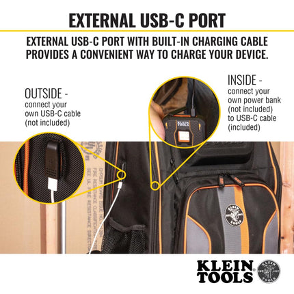 KLEIN TOOLS 62805BPTECH Laptop Backpack Tool Bag, Tradesman Pro Extra-Large 28-Pocket Tech Tool Backpack with Molded Bottom, Charging Port