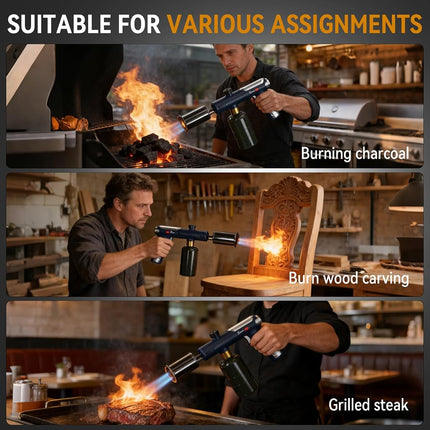 Propane Torch Gun with One-Touch Max Fire, Powerful Handheld Cooking Blow Torch with a Safety Lock for Sous Vide Searing Steak, Grill, Charcoal Starter, Campfire, Weeding, Tank Not Included (Black)