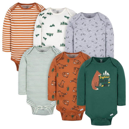 Gerber Baby Boys 6-pack Long-sleeve Onesies Bodysuit, Green Fox, 0-3 Months