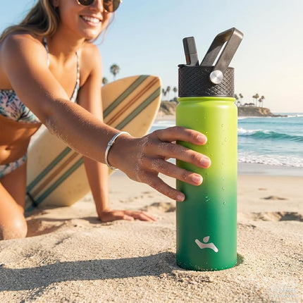 Konokyo Insulated Water Bottle with Straw,32oz 3 Lids Metal Bottles Stainless Steel Water Flask,Army Green