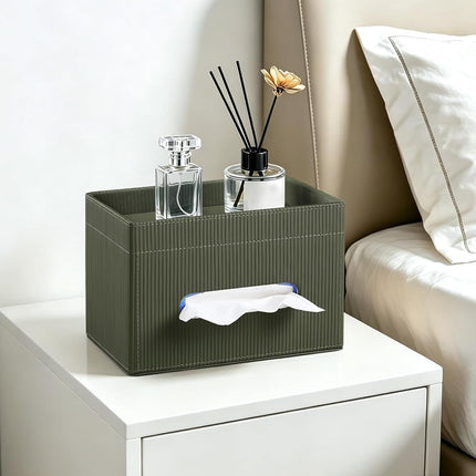 Cretkhp Rectangular Tissue Box Cover with Storage Tray, PU Leather Tissue Box Holder for Bathroom Vanity Countertop Night Stands Bedroom Office Desk, Stylish Tissue Holder Decorative Organizer (Green)