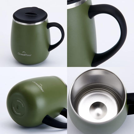 GrandTies Insulated Coffee Mug with Handle - Sliding Lid for Splash-Proof 16 oz Wine-Glass Shape Thermal Tumbler with Double Walled Vacuum Stainless Steel to Keeps Beverages Hot or Cold (Olive Green)