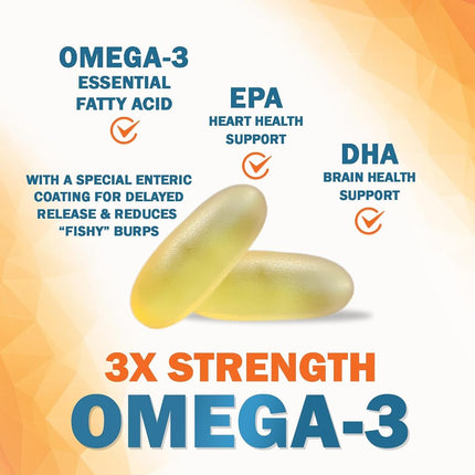 Omega 3 Fish Oil Supplements - 2400mg Fish Oil Per Serving - Triple Strength Omega-3 with EPA & DHA Fatty Acids - Natural Heart, Brain & Immune Support - Wild Caught, Bottled in USA - 180 Softgels
