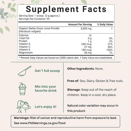 Micro Ingredients Organic Barley Grass Juice Powder, 10 Ounce, Cold Pressed, US Grown, Immune Vitamin, Fibers, Minerals, Antioxidants and Protein, Vegan