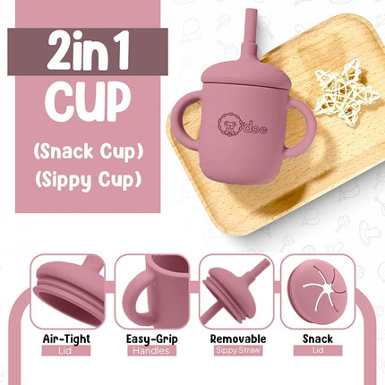O'doe™ 17-Piece BPA-Free Silicone Baby Feeding Set | Thick & Soft Suction Plates, Baby Bowls, Wooden Fork & Spoon, and More (Pink, V2: Nurture Pack [17 Pieces)
