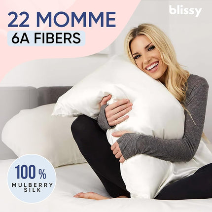 Funda de almohada de seda BLISSY 100% seda de morera pura 22 Momme 6A Fibras de alta calidad Funda de almohada de satén para cabello y piel Tallas Regular, Queen y King Funda de almohada de seda con cremallera oculta que absorbe la humedad, Blanco