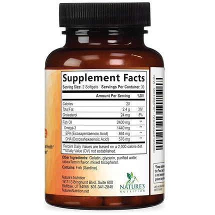 Omega 3 Fish Oil Supplements - 2400mg Fish Oil Per Serving - Triple Strength Omega-3 with EPA & DHA Fatty Acids - Natural Heart, Brain & Immune Support - Wild Caught, Bottled in USA - 60 Softgels