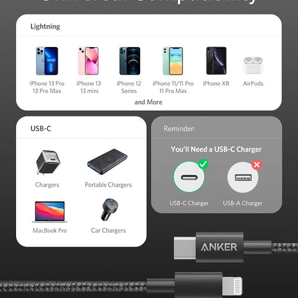 Anker Nuevo Cable Nylon USB C a Lightning, Certificado Apple MFi para iPhone Serie 14, y Más (3m, Negro)