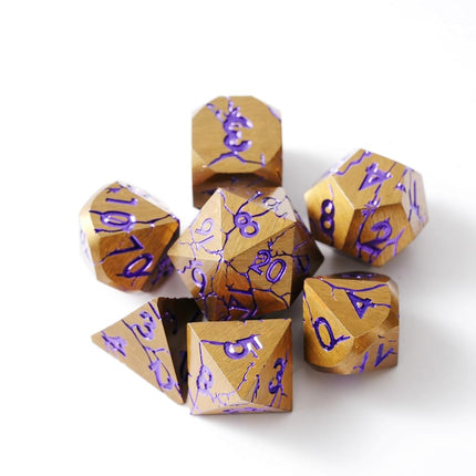 Metal Dice for DND - Ancient Cracked Pharaoh Ruins - Gold Purple Cracks