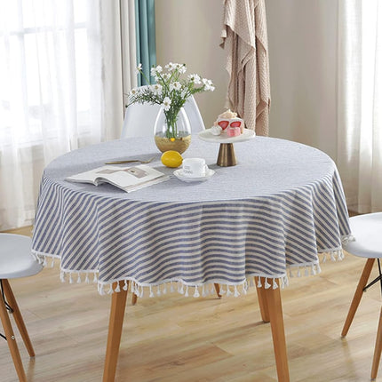 Meioro Round Tablecloth Stripe Tassel Table Cloth Cotton Linen Dust-Proof Table Cover for Dining, Parties, Holiday Indoor Outdoor Use (Blue/White Stripes, 39 Inch)