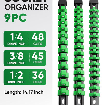 ALOANES 9 PC ABS Socket Organizer, 1/2 inch, 3/8 inch and 1/4 inch Drive Socket Rail Holders, Heavy Duty Socket Racks, Black Rails with Green Clips