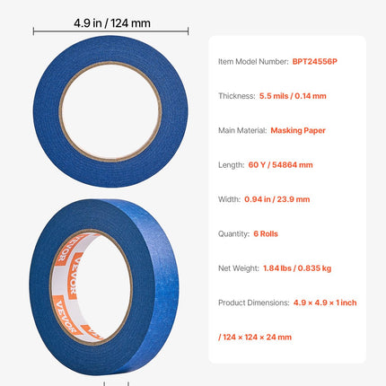 VEVOR Painters Tape, 1 Inch Wide (0.94 In x 60 Yds), 6 Rolls, Blue Painter Tape for Painting, Edge, Trim, Ceiling, Masking Tape Protects Surfaces and Removes Easily, DIY Craft Art, Labeling Decoration