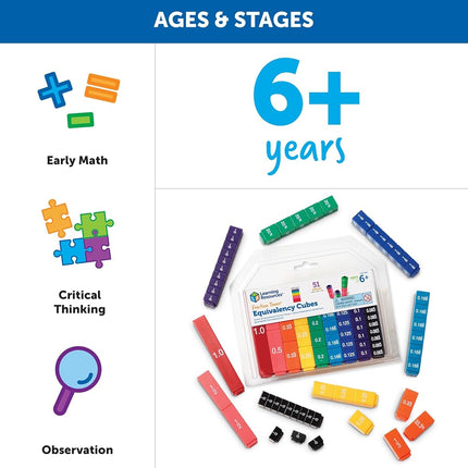 Learning Resources Fraction Tower Equivalency Cubes, Ages 6+, Maths Learning Toys for Kids, Visual Fractions Set with Decimals & Percentages, 51 Pieces