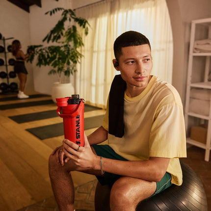 STANLEY Vitalize Shaker Bottle 20 oz | Leakproof Insulated Stainless Steel Shaker Cup | Base Storage and Twist On Fast Flow Lid | Protein Shakes and Pre Workout Powder | BPA-Free | Chili Red