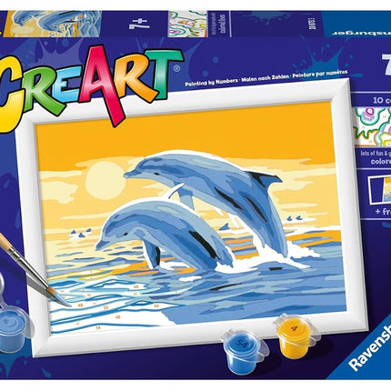 Ravensburger, CreArt, Dolphins Friends, Paint by Numbers, Creative Set for Boys and Girls, 2 Brushes and 1 Frame, Recommended Age 7+